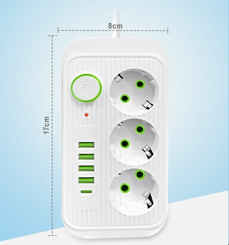Сетевой фильтр 7 метров с 3 розетками 4 USB +1 Type-C 2500 Вт (удлинитель, адаптер для зарядки, пилот, тройник), с предохранителем и заземлением - фотография № 4