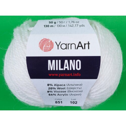 Пряжа Yarnart Milano белый (851), 8%альпака/20%шерсть/8%вискоза/64%акрил, 130м, 50г, 5шт