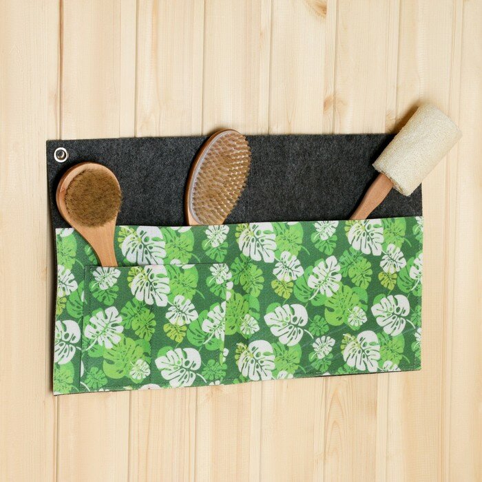 фото Горизонтальный подвесной органайзер на люверсах 3 отделения, принт зеленые листья, 30х50 см, 9849562