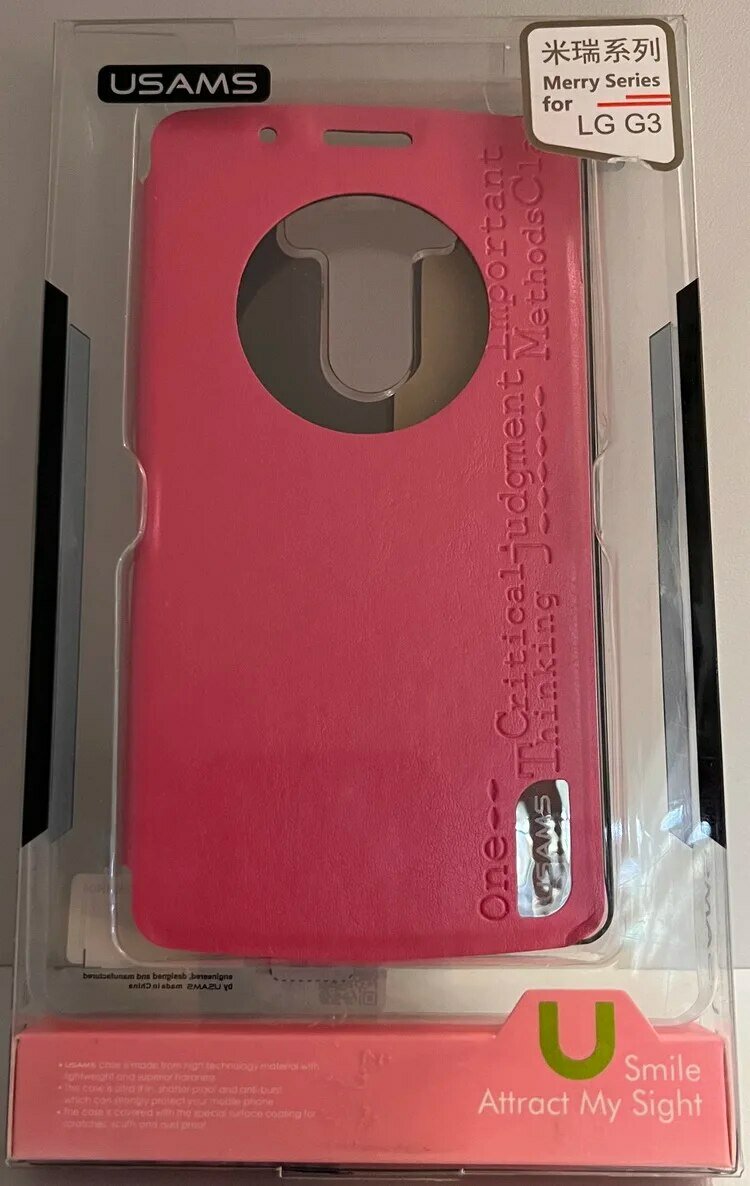 Защитный чехол-книжка для телефона LG Optimus G3 D850 D855 LS990, розовый с окном для ответа Usams Merry Series Pink