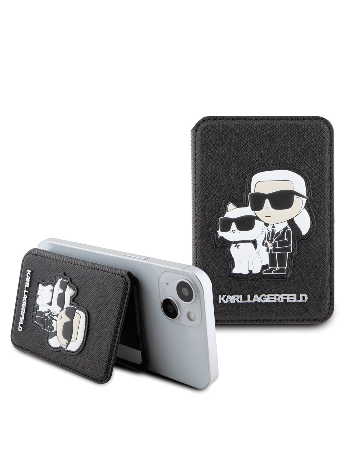Lagerfeld магн. бумажник-стенд Wallet MagSafe Cardslot Stand Saffiano NFT Karl & Choupette Black