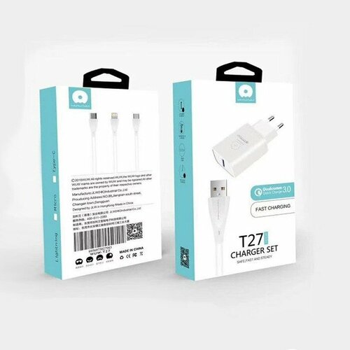 Блок+кабель для зарядки WUW T27 Micro QC 3.0 3A, белый