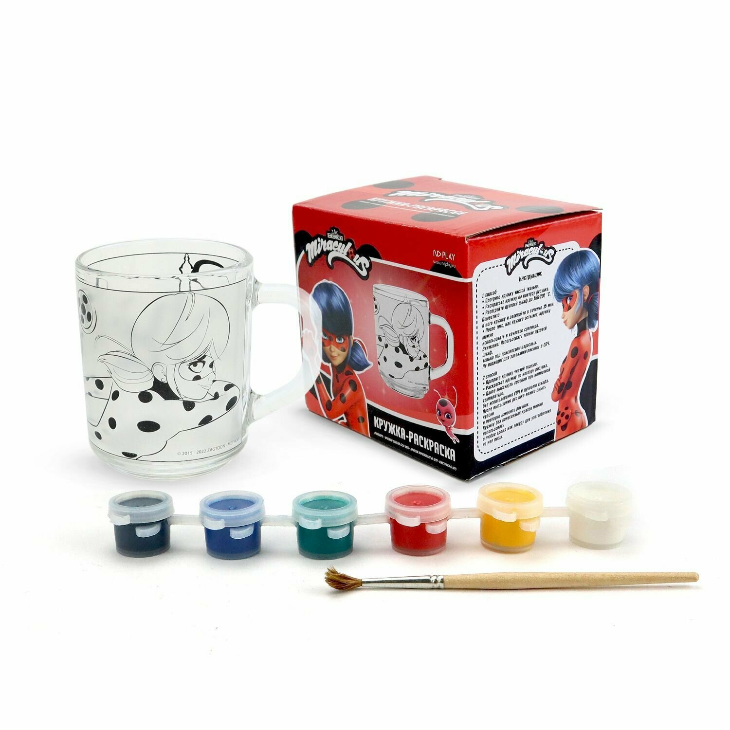 фото Кружка для росписи детскаяй с красками и кисточкой/ Кружка-раскраска стеклянная ND Play. Леди Баг и Супер-Кот, Дизайн 1, стекло