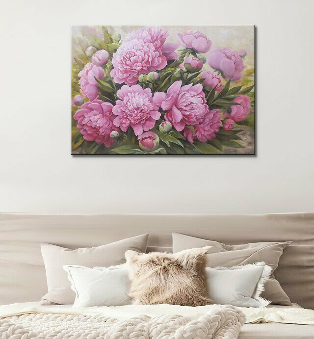 Интерьерная картина на холсте в гостиную спальню прихожую кухню офис/постер на стену/ Розовые пионы маслом цветы пионы в нежных тонах 40х60