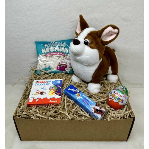 Подарочный набор, бокс, Мягкая игрушка собака Корги 28 см, сладости Kinder шоколад, яйцо, маршмеллоу, BabyFox