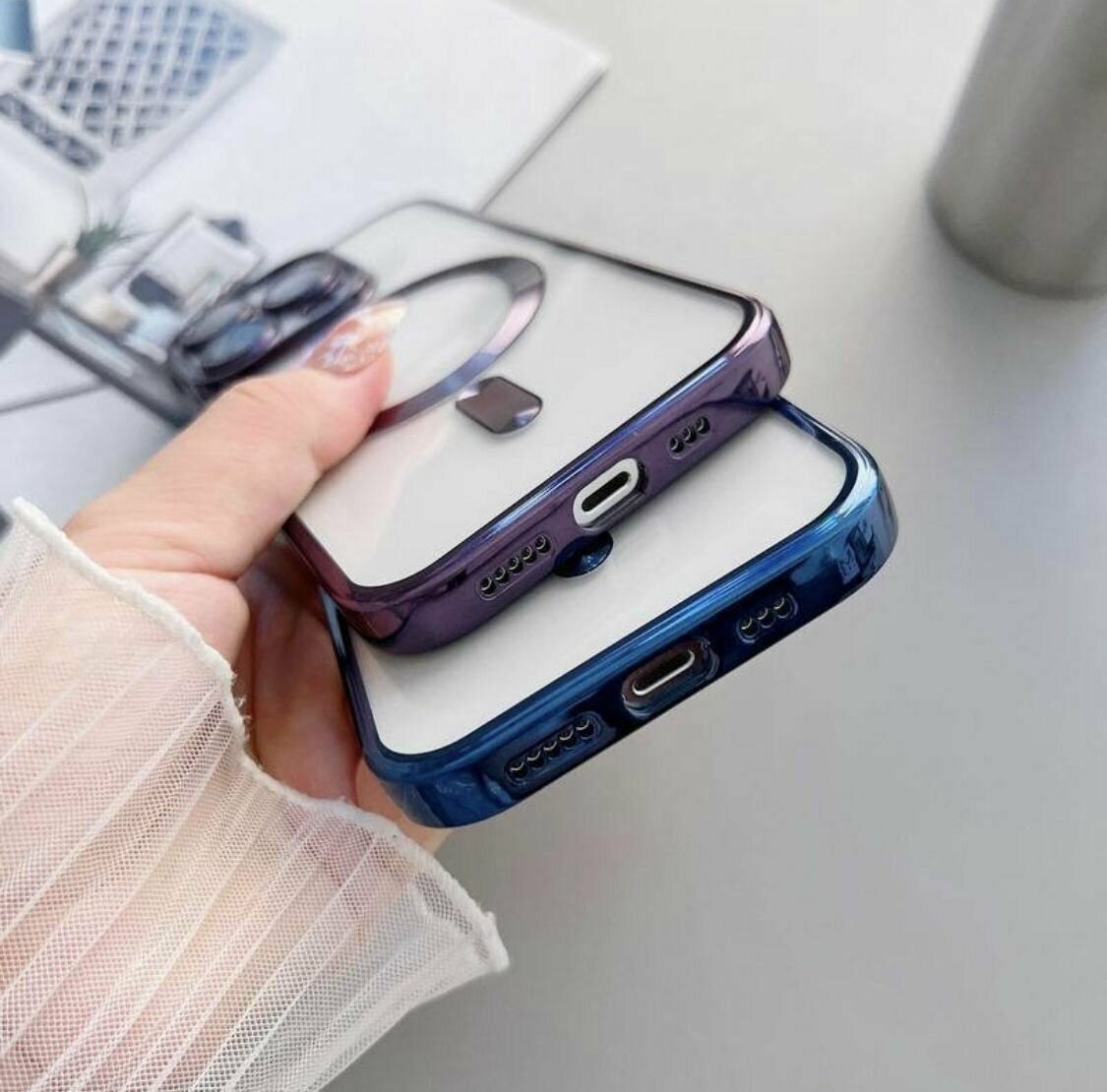 Магнитный силиконовый чехол на iPhone 13 PRO MAX магсейф (на айфон 13 про макс) с поддержкой Magsafe с магнитной зарядкой и защитой камеры, серебристый — фото 1