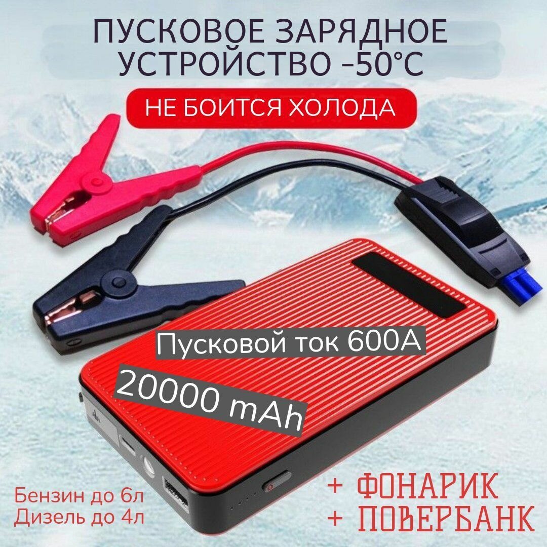 Пусковое зарядное устройство High POWER для легковых автомобилей Jump Starter / Портативное ПЗУ с LED фонарем и портативной зарядкой на 20000 мАч