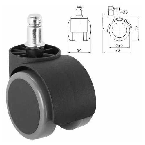 Колесо поворотное прорезиненное на штыре 11мм, D=50мм