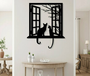 Панно 50х50 см "Коты и Окно" декоративное настенное чёрное, декор на стену, картина