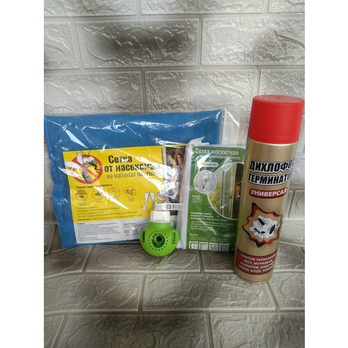 Набор борца с маскитами- сетка на дверь, сетка на окно, большой флакон фумитокса и устройство от комаров