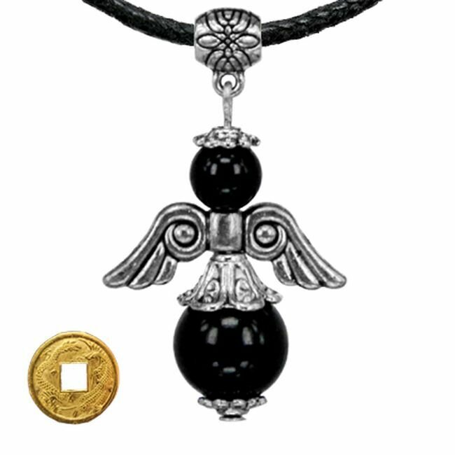 Талисман "Ангел-хранитель" с натуральным камнем чёрный агат 3,5см + монета "Денежный талисман"