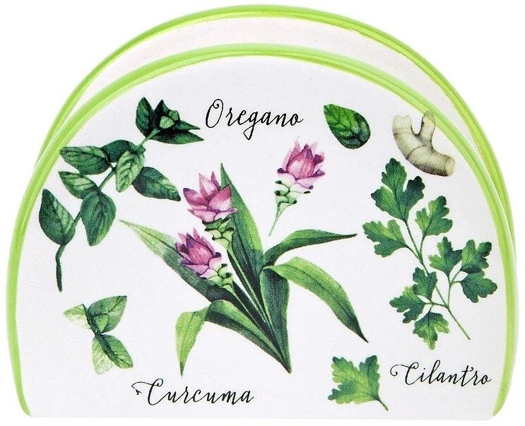 фото Салфетница кухонная Dolomite / Доломит Душистые Травы для сервировки стола, керамика белый с рисунком 105×50×90мм / аксессуары для кухни