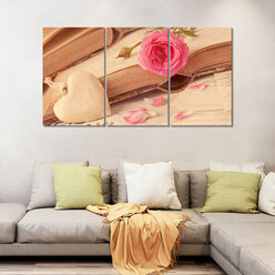Модульная картина/Модульная картина на холсте/Модульная картина в спальню/Модульная картина в подарок - Книга сердечко и розовая роза 90х50