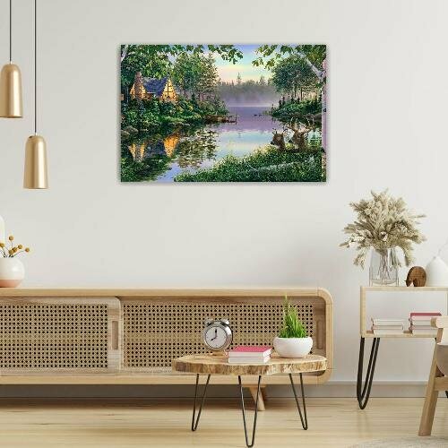 Картина на холсте 60x90 Альянс Лес "Mark Daehlin домик в лесу у озера" на подрамнике / интерьер/ декор