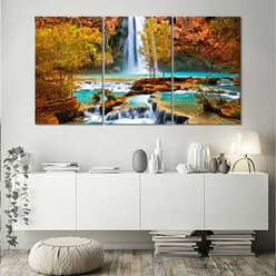 Модульная картина/Модульная картина на холсте/Модульная картина в подарок/осенний водопад - autumn waterfall 90х50