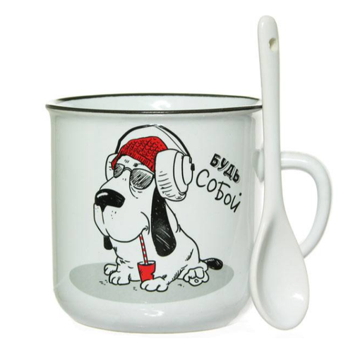 Кружка КерамСтрой Жизнь прекрасна с ложкой фарфоровая белая 310мл