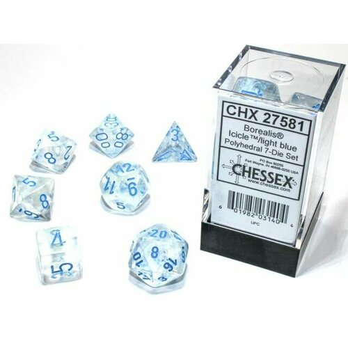 Набор кубиков для настольных ролевых игр (Dungeons and Dragons, DnD, D&D, Pathfinder) - Chessex 7-dice set Borealis - Icicle/Light Blue Luminary