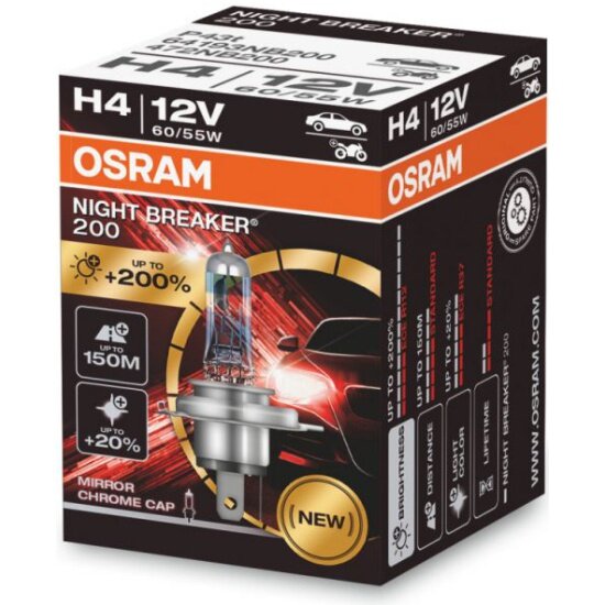 Лампа галогенная Osram Night Breaker 200 H4 (60/55W) P43t 4050К 12V, 1шт