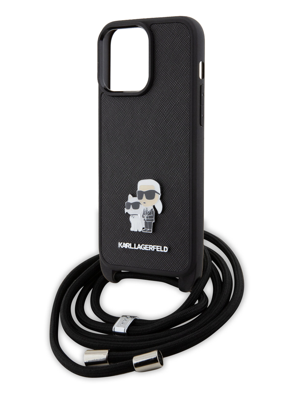 Lagerfeld для iPhone 15 Pro Max чехол Crossbody PU Saffiano NFT Karl & Choupette Metal Hard Black