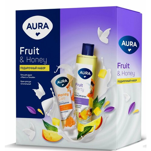 Подарочный набор AURA Fruit and Honey: Гель для душа Манго и папайя 250 мл + Крем для рук Питательный с D-пантенолом и экстрактом меда 75 мл