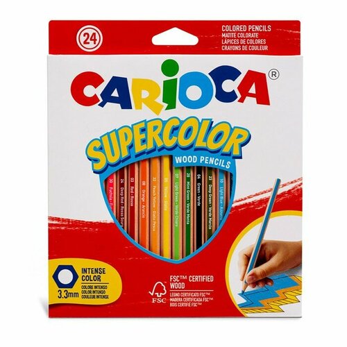 Карандаши 24 цвета Carioca суперяркие, шестигранные, деревянные, картонная упаковка, европодвес