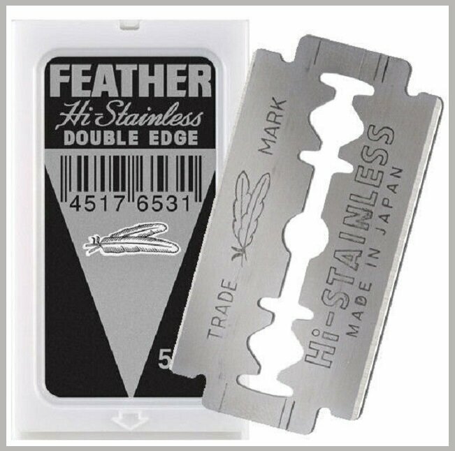 Лезвия двухсторонние японские для бритвы FEATHER "Hi-Stainless Double Edge ", в диспенсере, классические, для T-образных бритв и шаветок, 5 шт.