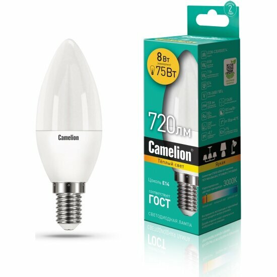 Лампа светодиодная свеча Camelion LED8-C35/830/E14 E14 8W 3000K 439680 - фото №1