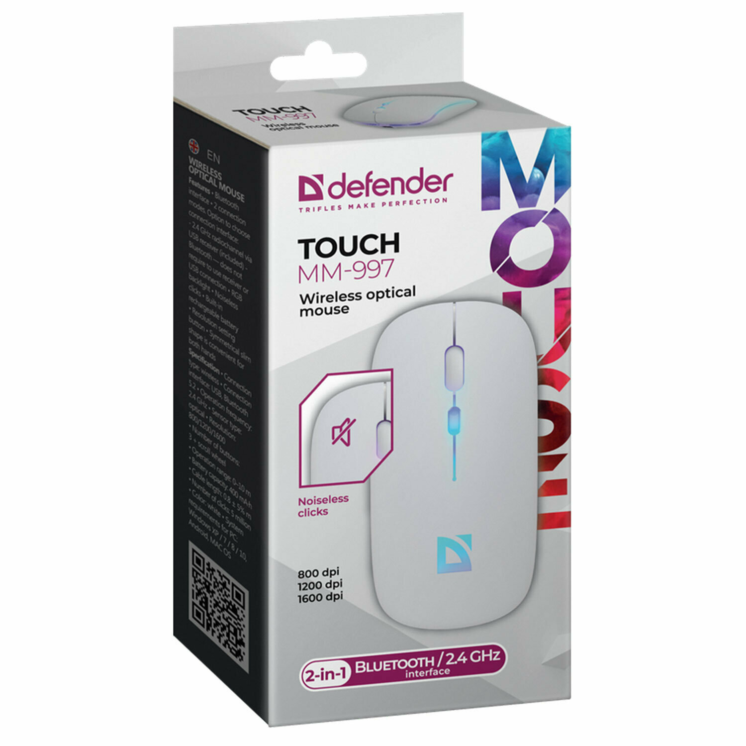 Мышь беспроводная для компьютера бесшумная Defender Touch MM-997 белая24+BT RGB400mAh