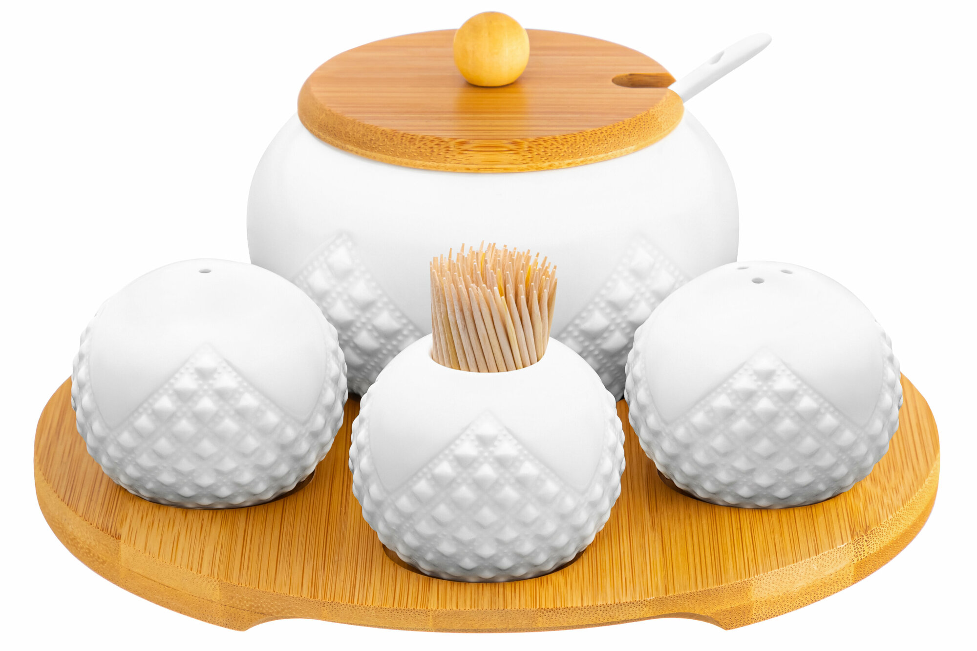 фото Набор - Сахарница 310 мл Elan Gallery Ромбики с ложкой + вазочка под зубочистки + перечница + солонка на дер. подставке