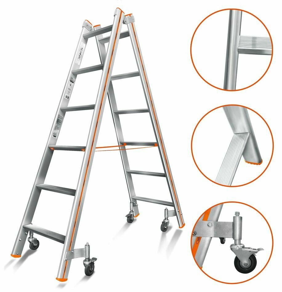 фото Лестница-Стремянка Эйфель Комфорт-Профи Роллер 2Х6 С Двухсторонним Восхождением