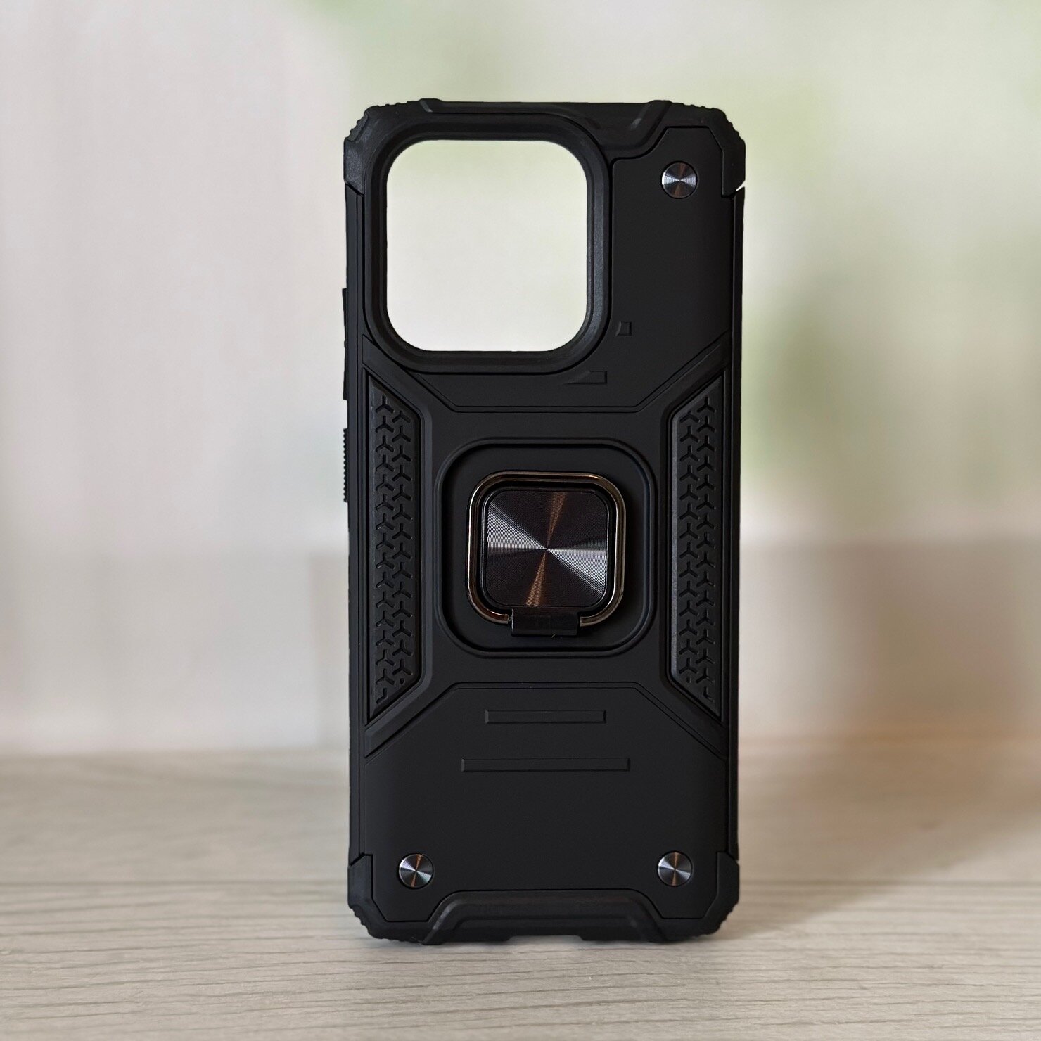 Противоударный чехол для Xiaomi Redmi 12C черный с пластиной для магнитного автодержателя и кольцом подставкой — фото 1