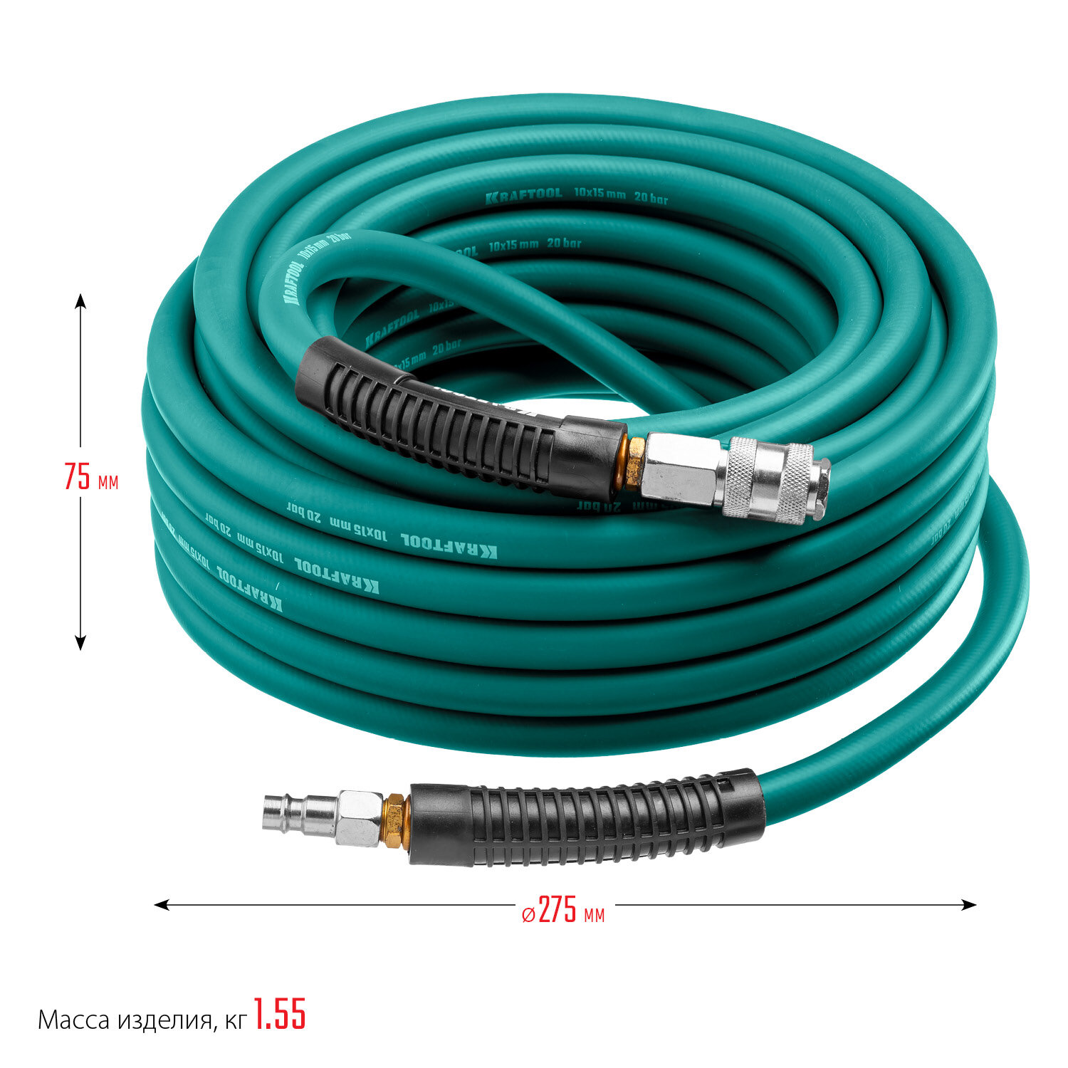 KRAFTOOL 10 м, 10 х 15 мм, 20 бар, воздушный шланг с поворотными фитингами рапид (06588-10)