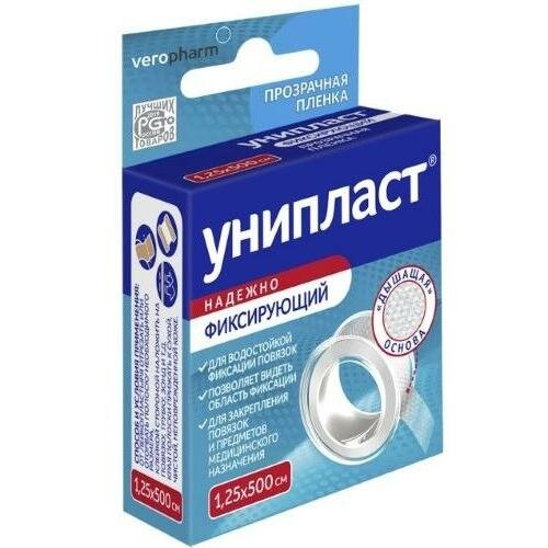 Лейкопластырь Унипласт, фиксирующий на прозрачной пленке, 1,25см x 500см.