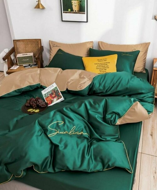 Комплект постельного белья Boris, 2 спальный, Жатка, Зеленый - бежевый