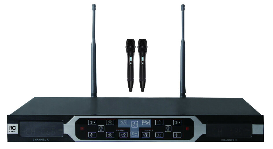 Радиосистема [T-521UF] ITC , UHF двухканальная радиосистема с двумя ручными микрофонами. Touch screen на передней панели для управления.
