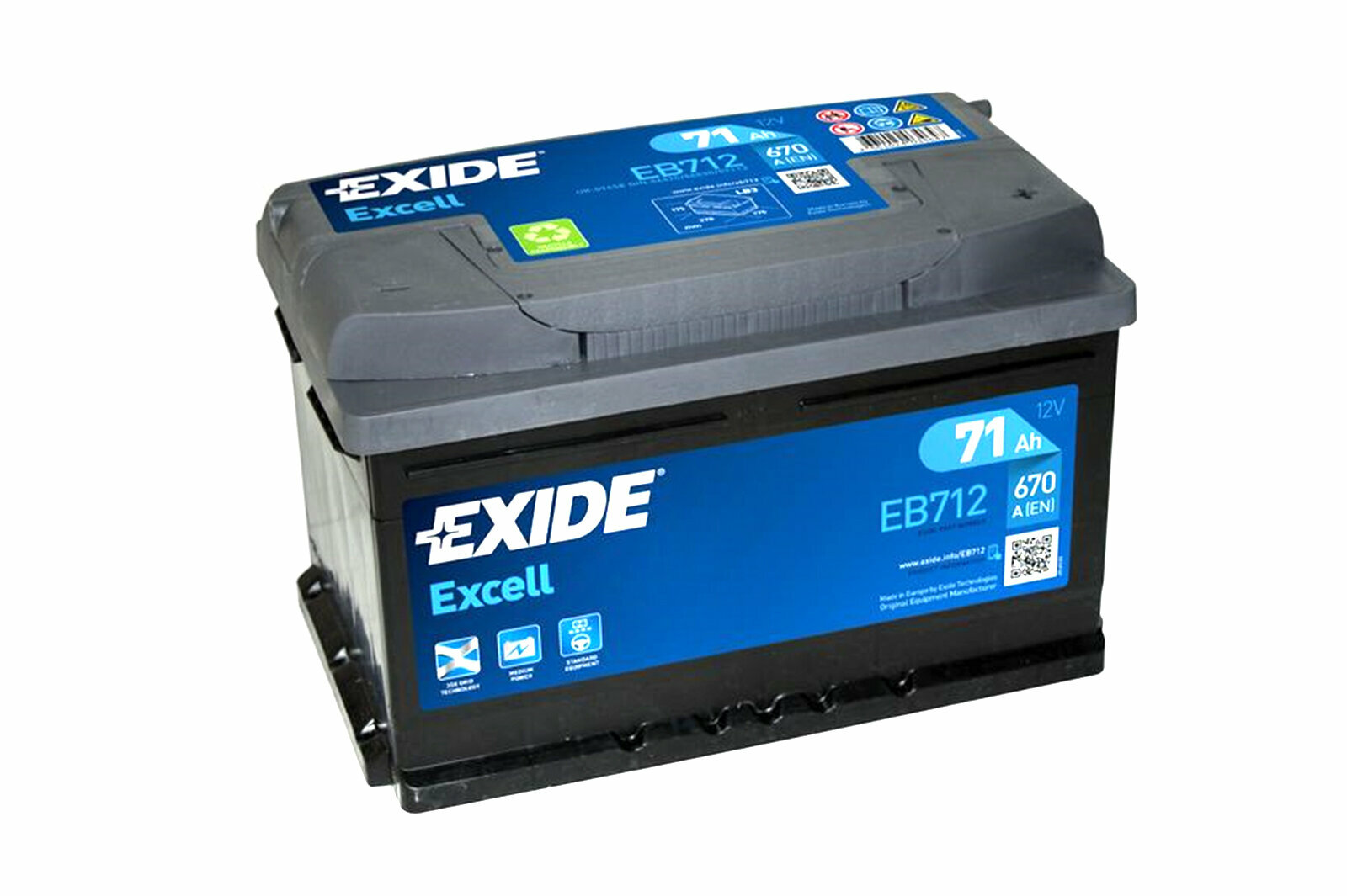 Аккумулятор EXIDE EB712 Excell 12V 71Ah 670A 278х175х175 полярность ETN0 клемы EN крепление B13