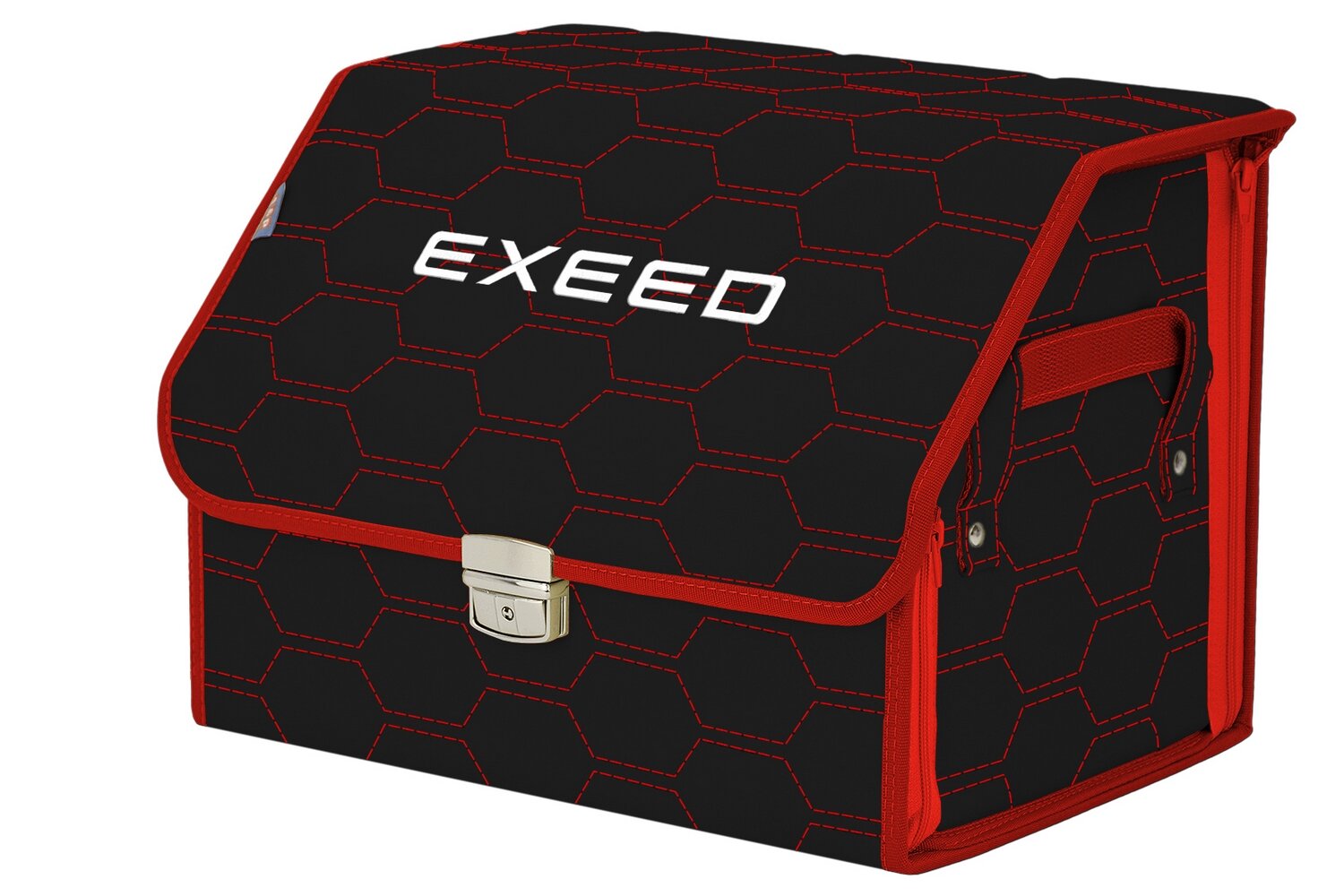 Органайзер-саквояж в багажник "Союз Премиум" (размер M). Цвет: черный с красной прострочкой Соты и вышивкой Exeed (Эксид).