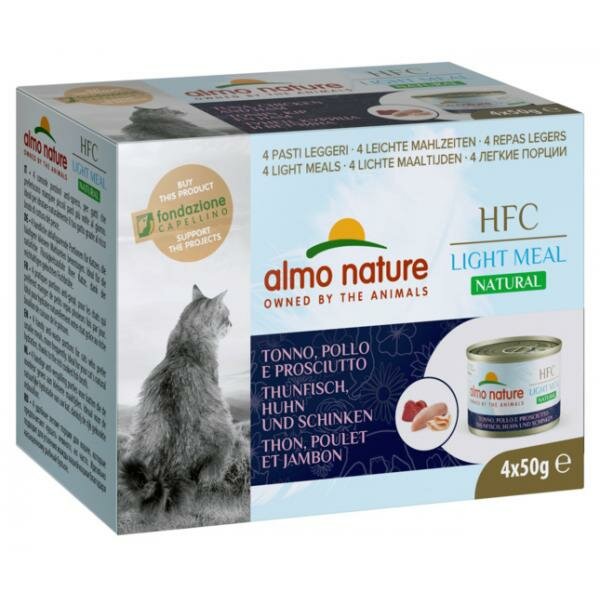 Almo Nature Набор 4 шт. по 50 г. Низкокалорийные консервы для кошек "Тунец с Курицей и Ветчиной" (Natural Light Meal - Tuna with Chicken and Ham) 200г 0.2 кг