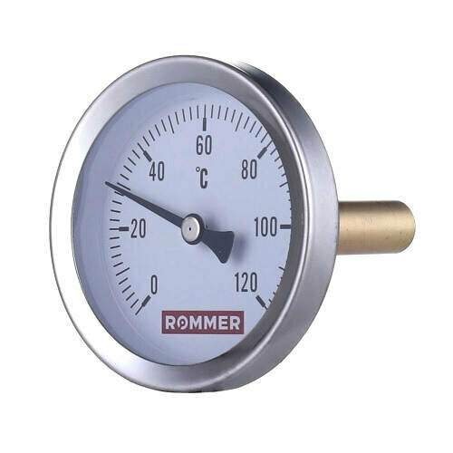 Термометр биметаллический аксиальный ROMMER RIM-0001 - 1/2 (D63 мм, шкала 0-120°C, с гильзой 50 мм)