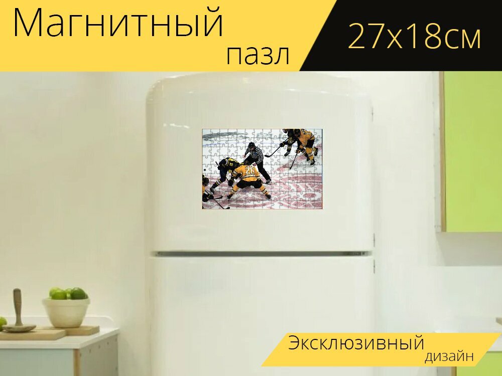 Магнитный пазл "Хоккей, хоккей на льду, игрок" на холодильник 27 x 18 см.