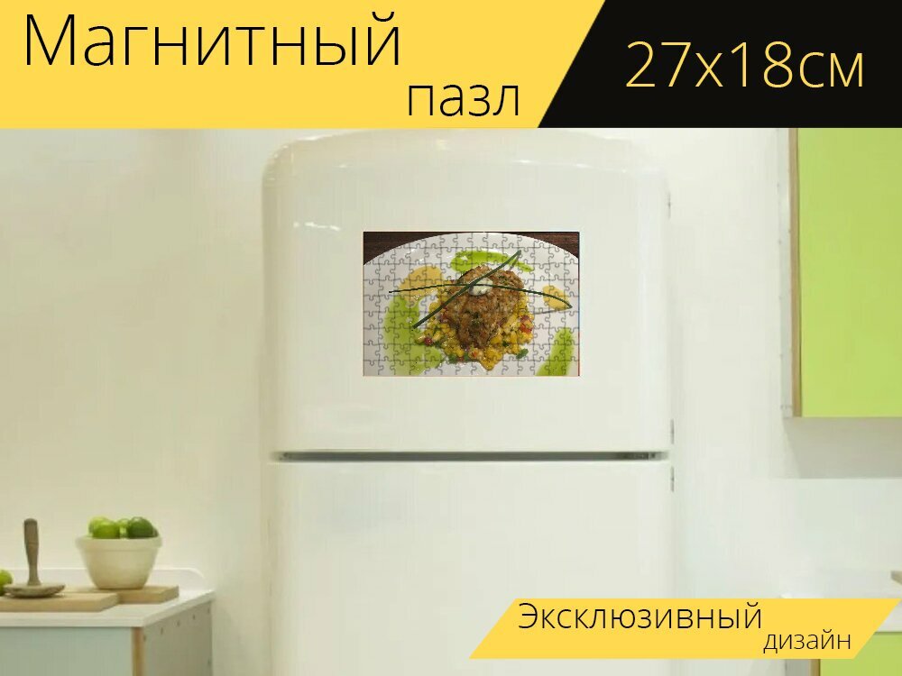 Магнитный пазл "Крабовые пирожные, обед, крабовое мясо" на холодильник 27 x 18 см.