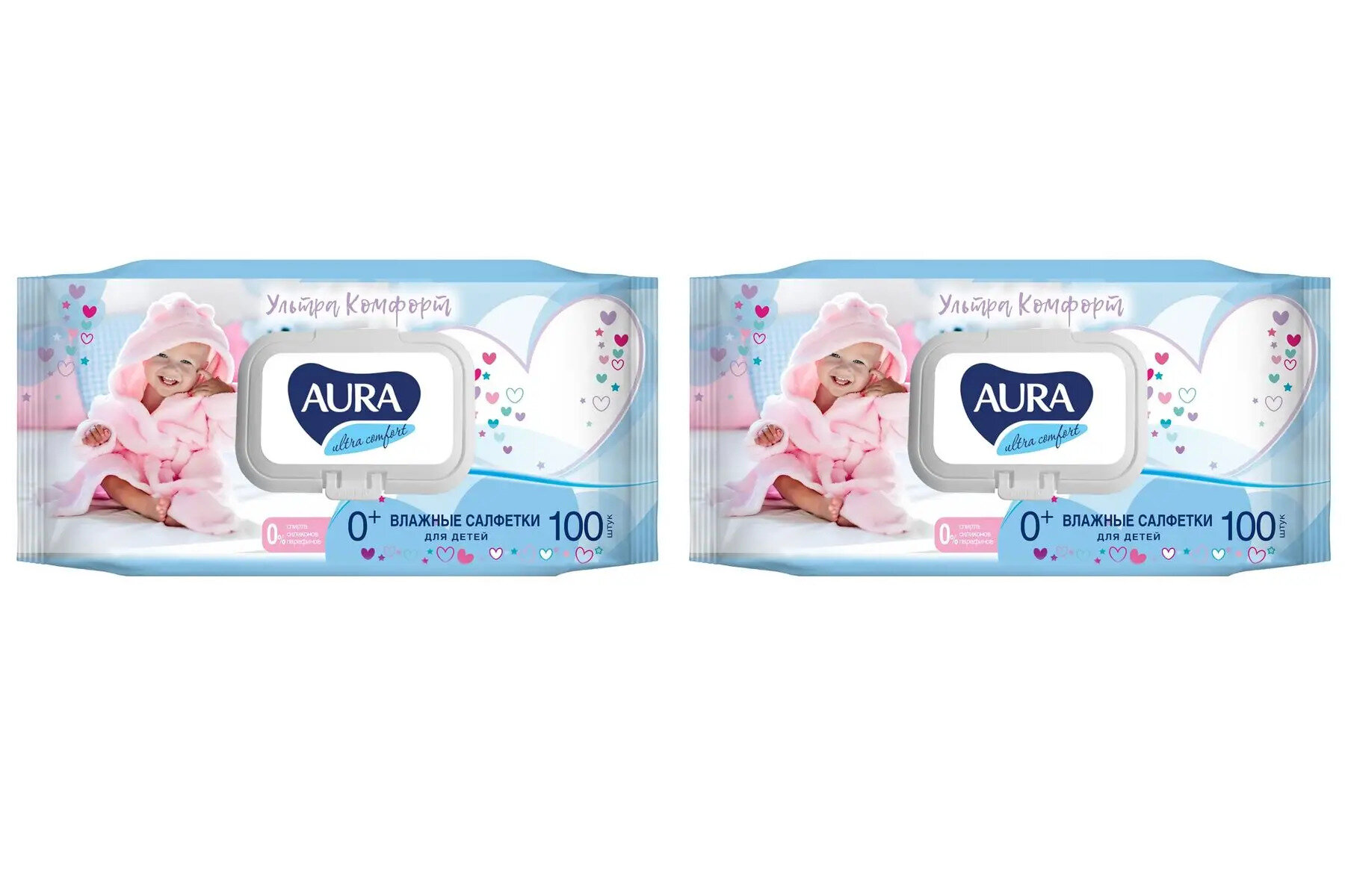 Влажные салфетки Aura Ultra Comfort 0+, 100 шт, 2 упаковки.