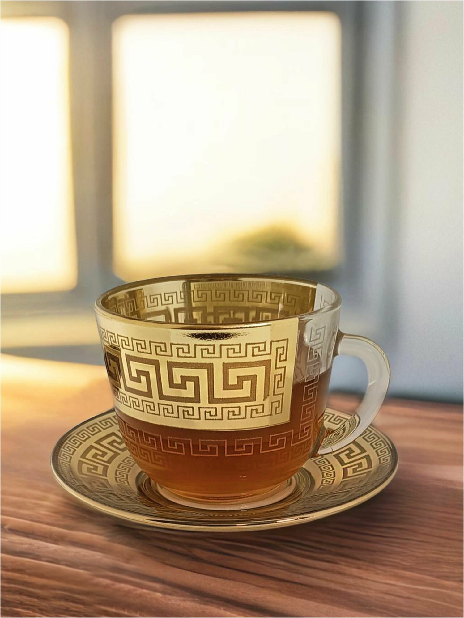 фото Подарочный чайный набор 12 предметов/Чашки для чая и кофе с блюдцами стеклянные с алмазной гравировкой PROMSIZ барокко, 200 мл, 6 шт.