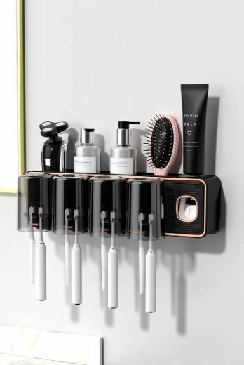 Органайзер для ванной с дозатором для зубной пасты цвет черный / Держатель для зубных щеток