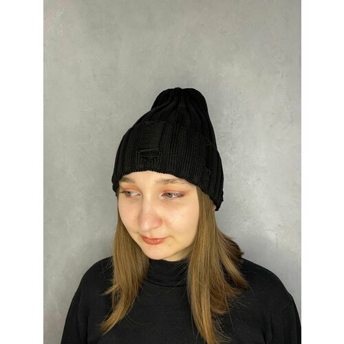 фото Шапка бини шапка бини с отворотом, шапка рванка на флисе, вязаная, осень-зима, размер 48-56, черный divina home