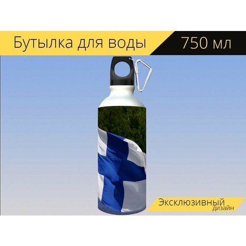 фото Бутылка фляга для воды "финский флаг, синий крест флаг, финляндия" 750 мл. с карабином и принтом lotsprints