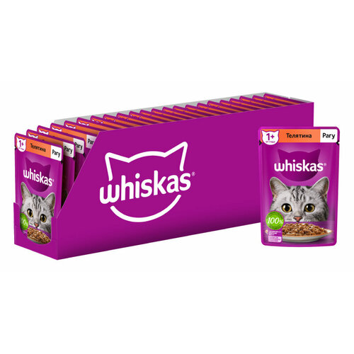 Корм влажный WHISKAS полнорационный для взрослых кошек, рагу с телятиной, 28шт х 75г