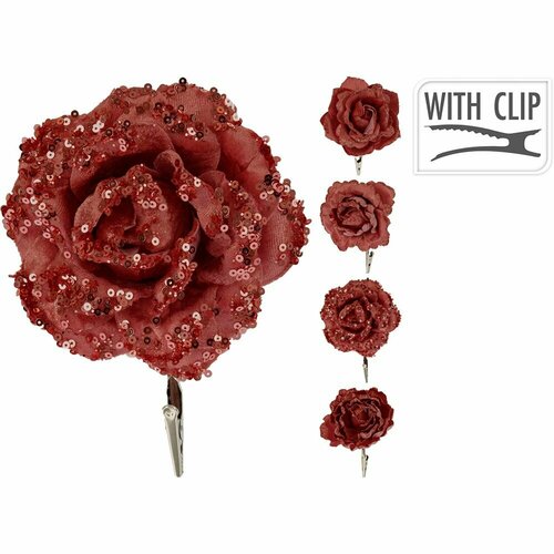 Цветок декоративный Роза на клипсе d11 см красная