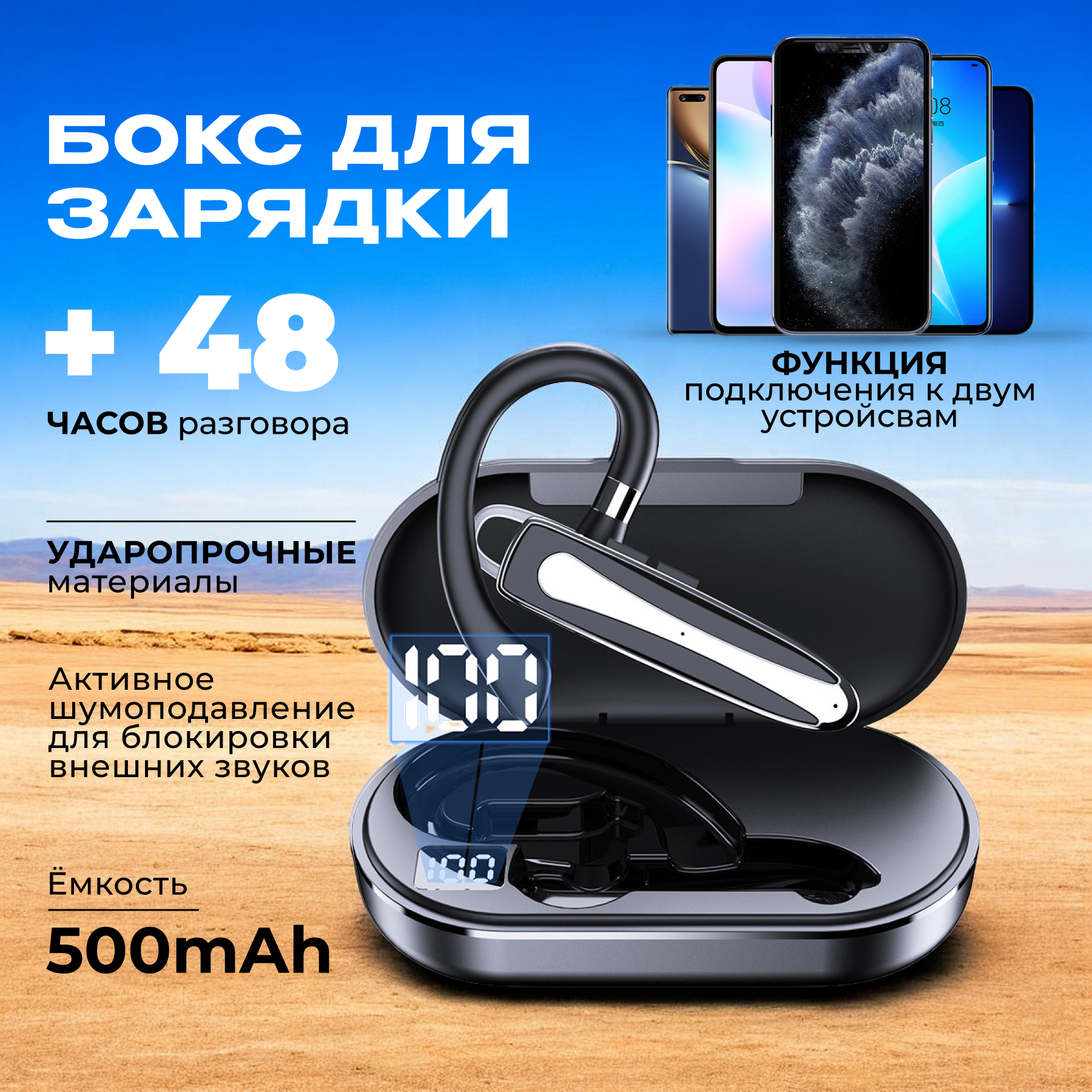 Гарнитура bluetooth для телефона с микрофоном и зарядным кейсом / Шумоподавление — фото 1