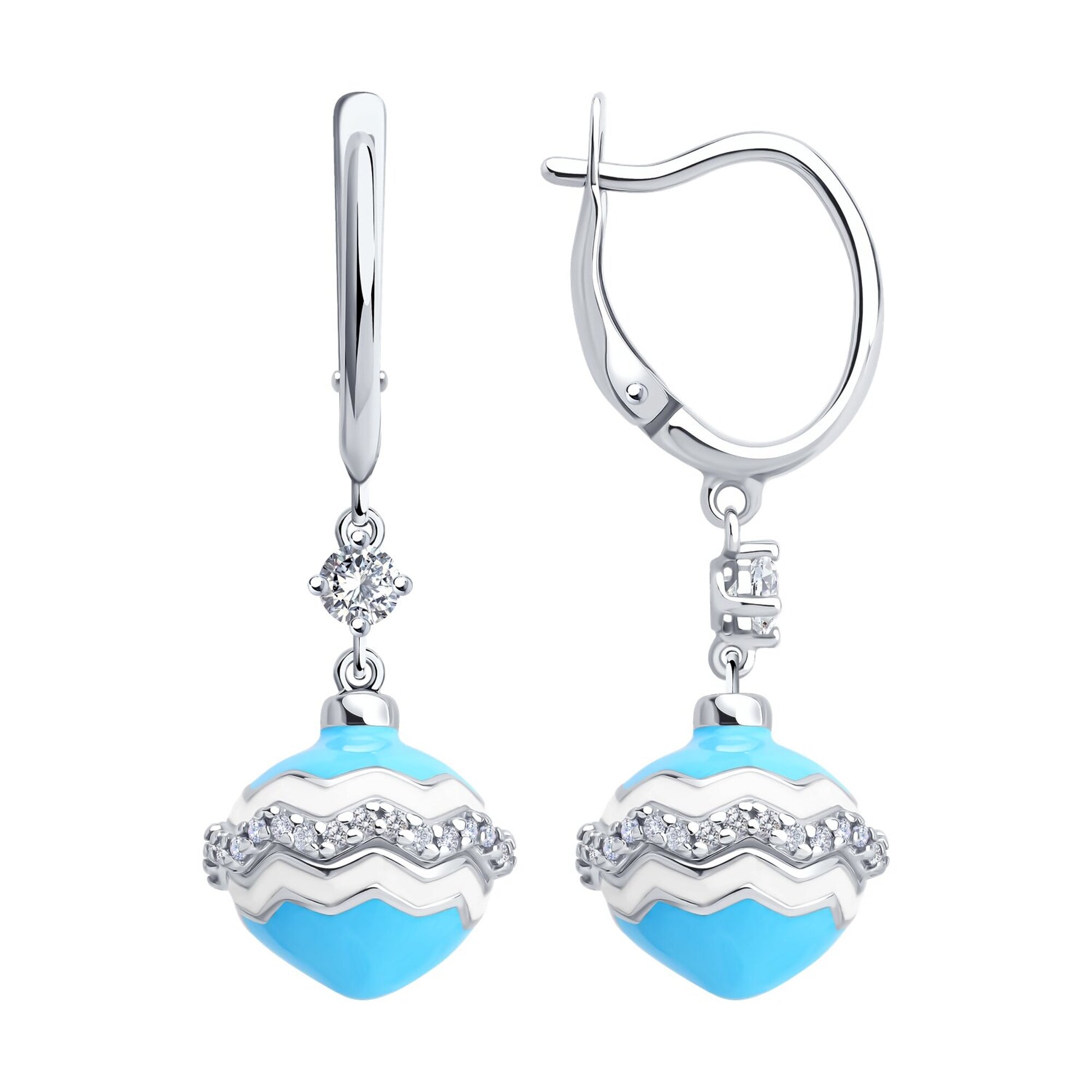 Серьги Diamant online, серебро, 925 проба, родирование, фианит, эмаль, длина 4 см, , бесцветный, голубой